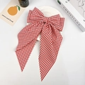 Red and white gingham bow hair clip with long ribbons for elegant hairstyling - Red Checkerboard