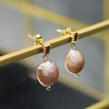 Baroque pearl drop earrings with red rectangular gemstone and golden metal frame - Stud Purple Small-12mm-Red Zirconia