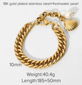 Bracciale cubano in acciaio inossidabile placcato oro 18K con perla d'acqua dolce e conchiglia - JDB201070-Bracciale a Catena Cubana con Perla e Conchiglia Oro