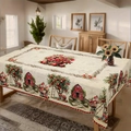 Country style tablecloth with red barn and apple tree print on off-white background - Zb695-16