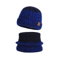 Winter gebreide muts en nekwarmer set in donkerblauw en zwart getextureerd garen - Koningsblauw Gemengd