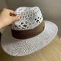 White hollow-out woven straw sun hat with broad brown decorative ribbon for women - Hollow White Panama Hat - Brown Ribbon