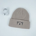 Detailed embroidery of a cute black bear on an oatmeal knitted ribbed beanie for kids - 44-54cm / Khaki
