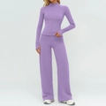 Three-piece lavender brushed yoga set with slim zip-up jacket and wide-leg sports pants - S / Top And Bottom / Lilac Purple