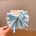 Sweet light blue chiffon bow hair clip with heart pearl and hanging bead chain charms - Blue