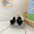 Mini borsa da ragazza pied-de-poule con fiocco nero, manico di perle e catenina - Fiocco Nero