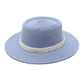 Detail of light blue straw hat featuring delicate white lace trim and pearl embellishments - M (56-58cm) / Sky Blue