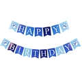 Blauw en paars verlopend Happy Birthday spandoek met witte pootafdrukpatronen - Banner / Blauw