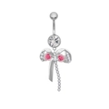 Close-up of a silver belly ring with a bow, pink rose pendant, and sparkling crystals - Bowknot Pink Rose Rhinestone Dangle (24060301-2)