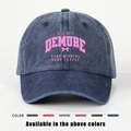 Navy washed denim baseball cap with pink Very Demure print and bow detail - Navy Blue
