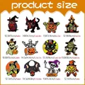 Size chart showing 12 Halloween magnetic stickers with specific dimensions in cm and inches - CT340