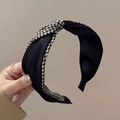 Elegant vintage houndstooth and black fabric knotted headband for a high cranial top look - S38 Black Houndstooth Patchwork Knot Style
