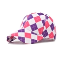 Detail view of pink and purple argyle diamond pattern stitching on a cotton baseball cap - Adjustable / Purple