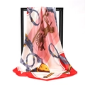 Pink and red satin square scarf with vintage equestrian carriage and bridle print - Carriage Saddle Pink Base Red Border (SD90-17-1)