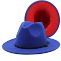 Detail of wool fedora hat with blue exterior, red interior and black leather belt strap - M (56-58cm) / Royal Blue + Red