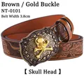Detail of western belt featuring golden skull buckle with intricate embossed patterns - Brown Gold Buckle (Skull)