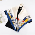 Elegant 90cm silk-satin square scarf with vintage floral print and geometric border design - Flora-Navy Blue