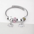 Silver beaded bracelet with pink charms, sparkling elephant, butterfly and heart pendant - C1-014 Pink