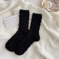 Thick black cable knit crew socks in warm wool blend for winter home comfort - One Size / Black
