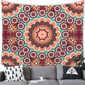 Detail of bohemian mandala tapestry hanging above a grey sofa with decorative pillows - 100x70cm (Short Plush) / Orange-Red Green Cream Mandala (24)