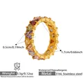 Macro detail of 18k gold plated ring featuring multi-colored triangle-cut zircons and size specs - US 7 / Gold Multicolor Zircon