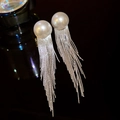 Elegant silver tassel earrings featuring large white pearls in a French vintage luxury style - 47# Silver Needle-Silver-Pearl Long Chain Tassel