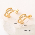 Golden 304 stainless steel earrings with white zircon on white stone, 15mm size - Curved Zircon Style (AMLEH201)