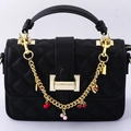 Black quilted faux leather handbag featuring gold hardware and a cherry heart charm - BG00076 Cherry Heart Bag Chain Decoration