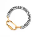 Macro detail of silver Cuban links with a gold-plated oval carabiner clasp - Silver Chain Gold Clasp Bracelet