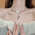 Detailed view of pink crystal beaded necklace with floral pendants on neck - 10# Pink Crystal Flower Bell Style
