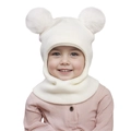 Close-up of white knit baby balaclava with two large soft faux fur pom-poms on top - One Size / White