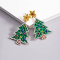 Close-up of green Christmas tree earrings featuring colorful rhinestones and gold stars - Green Rhinestone Christmas Tree