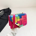 Colorful tetris block pattern crossbody bag with fuchsia PU leather and gold chain strap - Rose Red