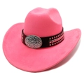Pink suede cowboy hat detail featuring black leather band and sparkling rhinestone buckle - M (56-58cm) / Fluorescent Pink