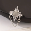 Silver gothic bow ring with cat eye stone and delicate chain detail for women - Silver Cat Eye Chain Ring (A-1326)