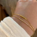 Minimalist double layered gold bracelet set with zircon accents and rectangular bar detail - Double Layer Row Pave / Gold