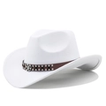 Detail of white wool cowboy hat featuring a brown leather band with metal buckles - White