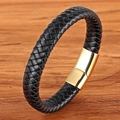 Braided black leather bracelet with gold metal clasp on natural wood grain background - 23CM / Gold Clasp Black Leather