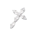 Close-up of silver-plated cross pendant with pear and round-cut sparkling clear gemstones - Platinum Color White Zirconia