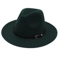 Detail of dark green wool fedora hat featuring a black leather belt with golden metal buckle - M (56-58cm) / Dark Green (Black Leather Band)
