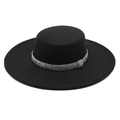 Classic black flat top wool boater hat with shimmering rhinestone band for men and women - M (56-58cm) / Black