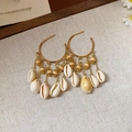 Boucles d'oreilles créoles dorées bohèmes avec pompons en coquillages et chaînes fines - 69# Tige d'oreille en argent-Or-Blanc