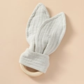 Infant teething ring with grey cotton rabbit ears on a natural wooden circle toy - Light Gray