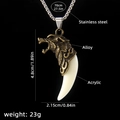 Men's dominant wolf head necklace with white acrylic tooth pendant and steel chain - Wolf Tooth A + 70cm Steel Chain