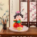 Cute resin Hanfu girl figurine playing flute on a pink lotus base with gold ingot - Flute Style with Lotus Base (1056-25)