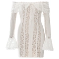 Elegant white lace off-shoulder long sleeve mini dress with ruched bodycon fit - S / White