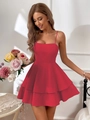 Detail shot of the red A-line tiered mini dress featuring dainty spaghetti straps and high waist - XS / Red
