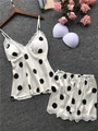 Set lingerie due pezzi in raso bianco a pois neri con bordo in pizzo e spalline fini - S / Bianco