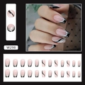 Faux ongles ballerine courts avec pointes French noires et lignes pailletées argent - Type à Colle / Style Français Noir (W298)