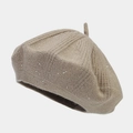 Close-up of beige sequined knit beret showing rabbit fur texture and sparkling details - M (56-58cm) / Light Khaki